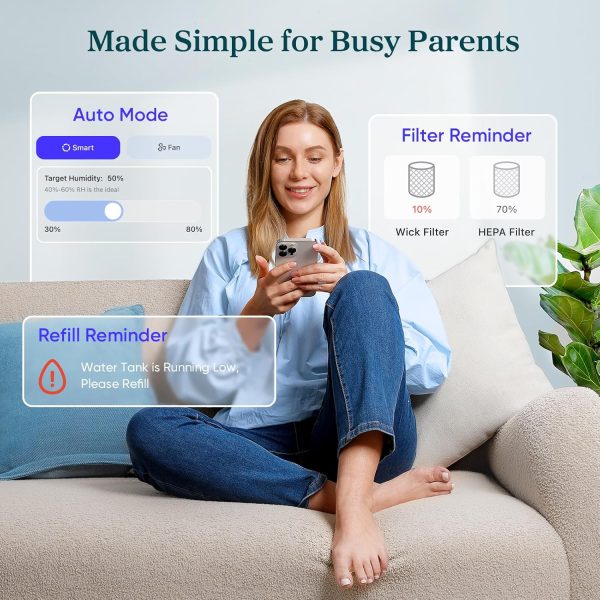 LEVOIT Humidifiers for Bedroom Baby, Sprout Evaporative with Dual Filters for Air & Water, Separate Sensor, Adjustable No Blue Nightlight, Auto Dry, Smart Control & Alexa, Auto Mode, 3.8L Tank for 36H - Image 7