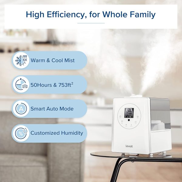 LEVOIT Humidifiers for Bedroom Large Room Home, 6L Warm and Cool Mist Ultrasonic Air Vaporizer for Plants and Whole House, Built-in Humidity Sensor, Essential Oil Diffuser, Whisper Quiet, Timer, White - Image 2
